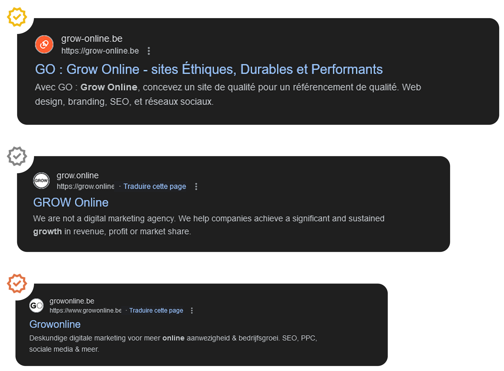 Exemple de référencement  pour les termes 'grow online'. grow-online.be est premier.